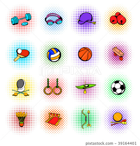 Sports equipment icons set, comics style 39164401