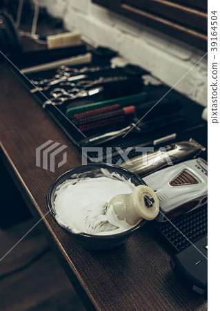 Barber shop tools on the table. Close up view 39164504