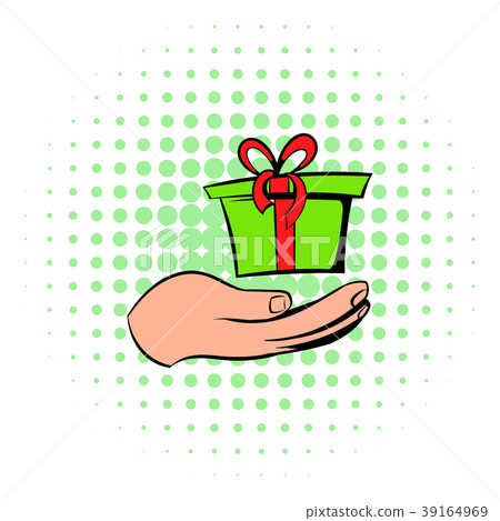 Gift red box in a hand icon, comics style 39164969