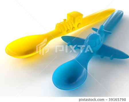 Soft blue and yellow silicone spoons with aircraft 39165798
