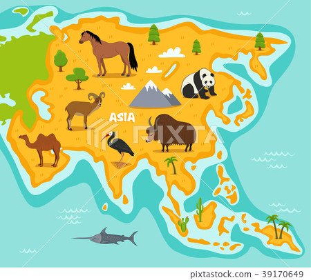 插图素材: asian map with wildlife animals