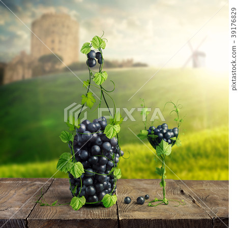 Bottle of Wine and a glass made by of grape leaves Bottle of Wine and a glass made by of grape leaves 39176829