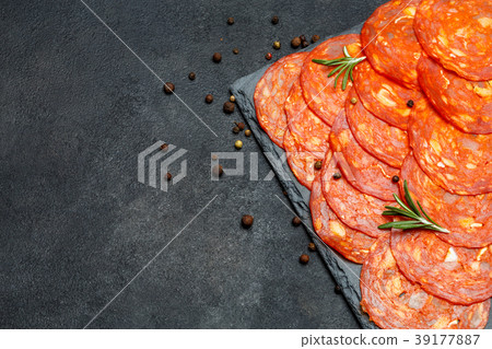 Italian Salami or spanish chorizo on serving board Italian Salami or spanish chorizo on serving board 39177887