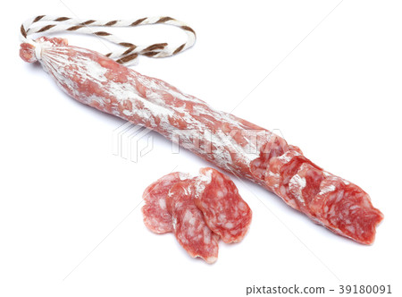Dried organic salami sausage on white background 39180091