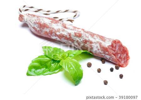 Dried organic salami sausage on white background 39180097