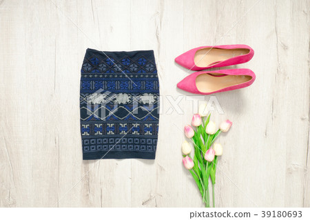 Blue skirt with ornament, pink shoes and bouquet Blue skirt with ornament, pink shoes and bouquet 39180693