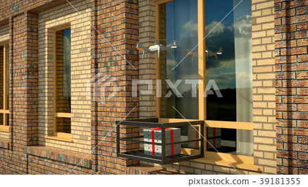 Dron delivers a package against an office building 39181355