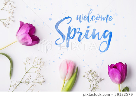 Easter and spring flat lay on a white background. Easter and spring flat lay on a white background. 39182579