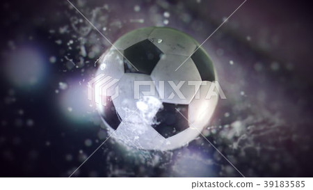 Soccer ball flying through water drops 3d 39183585