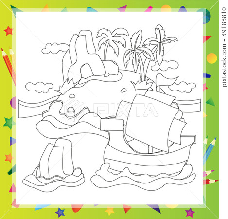 Outlined Cartoon Island With Palm Tree and rock Outlined Cartoon Island With Palm Tree and rock 39183810