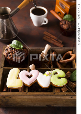Cup of coffee with cooffee beans, wooden box with 39184694