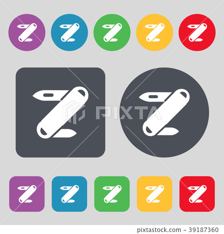 Pocket knife icon sign. A set of 12 colored button Pocket knife icon sign. A set of 12 colored button 39187360