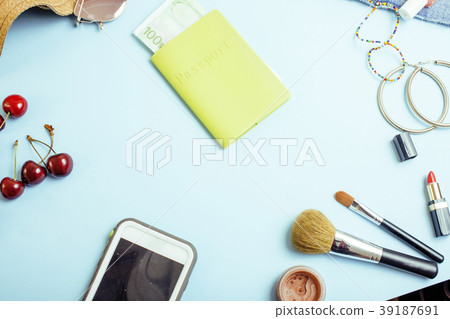 simply girl stuff on blue background, manicure 39187691