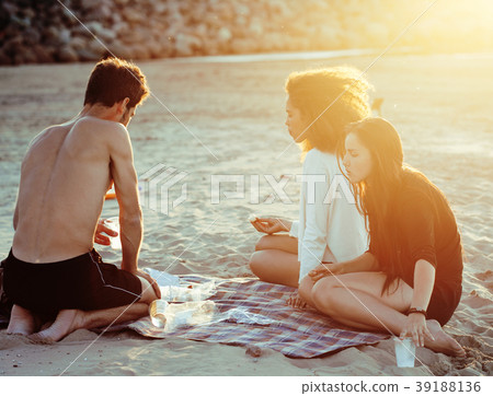 pretty diverse nation and age friends on sea coast 39188136