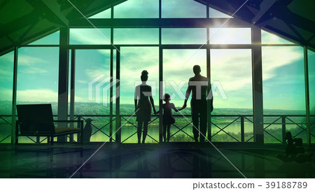 Silhouettes of a happy family on the veranda 39188789