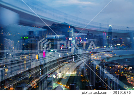 Moving train track motion over city office 39191676