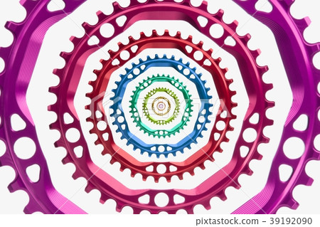Colorful oval bicycle chainrings,isolated at white Colorful oval bicycle chainrings,isolated at white 39192090