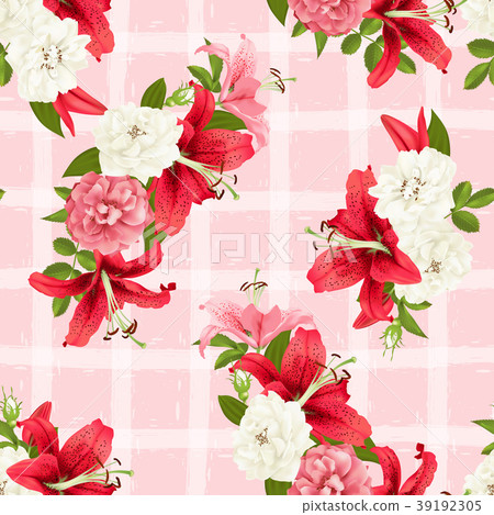 pink Rose and lily seamless pattern Vector pink Rose and lily seamless pattern Vector 39192305