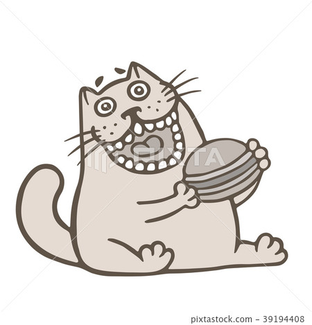 圖庫插圖: cute cat holds a large cheeseburger. vector