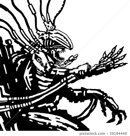 Cyborg astronaut manages spaceship. Vector 39194449