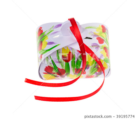 Painted gift box with red ribbon. 39195774