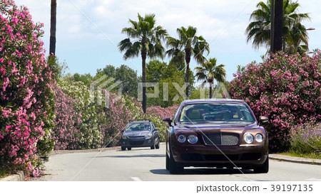 Expensive automobile on roadway, driver enjoying 39197135