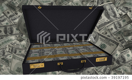 Open briefcase full of US dollar bills, corruption 39197195