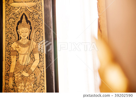 Golden buddhist mural painting at Bangkok Temple 39202590