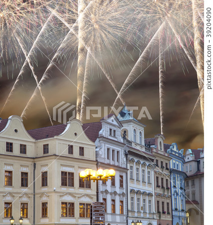 Old town houses and holiday fireworks in Prague Old town houses and holiday fireworks in Prague 39204090