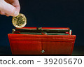 In a red wallet on a blue background, a person 39205670