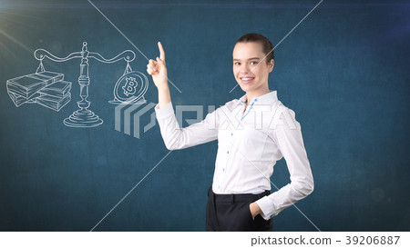 Lucky cute lady and bitcoin investment. Concept of Lucky cute lady and bitcoin investment. Concept of 39206887