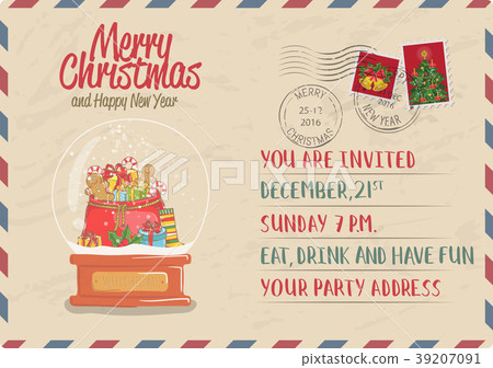 Vintage Christmas Postcard with Stamp and Postmark Vintage Christmas Postcard with Stamp and Postmark 39207091