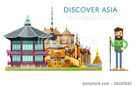Discover Asia banner with famous attractions Discover Asia banner with famous attractions 39207683