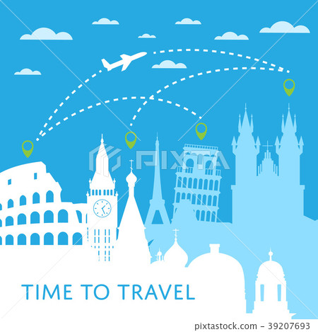 Time to travel concept with cityscape silhouettes Time to travel concept with cityscape silhouettes 39207693