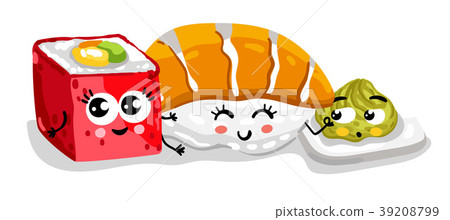 Funny sushi and sashimi set cartoon character Funny sushi and sashimi set cartoon character 39208799