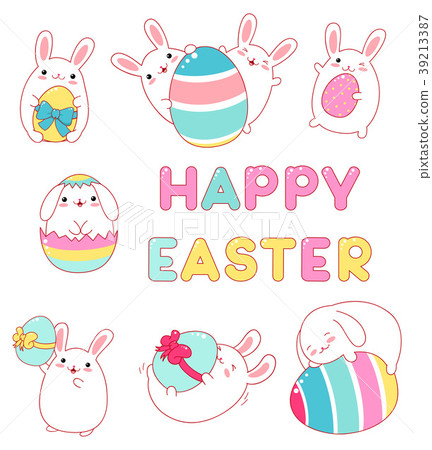 Collection of cute rabbits with Easter eggs Collection of cute rabbits with Easter eggs 39213387