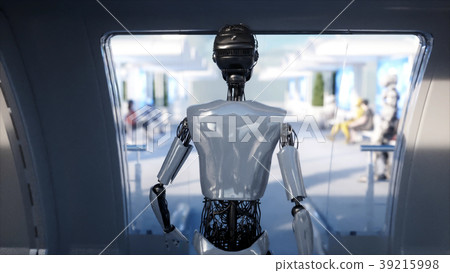 Female robot walking. Sci fi station. Futuristic 39215998