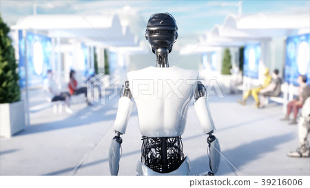 Female robot walking. Sci fi station. Futuristic 39216006