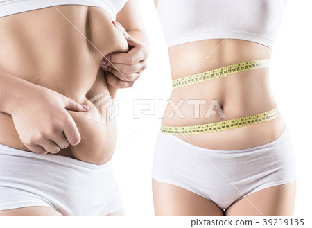Collage of fat woman with abdominal folds. 39219135