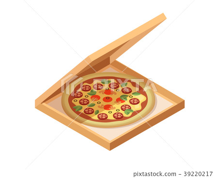 Pizza cardboard box. Isometric view. Opened and 39220217
