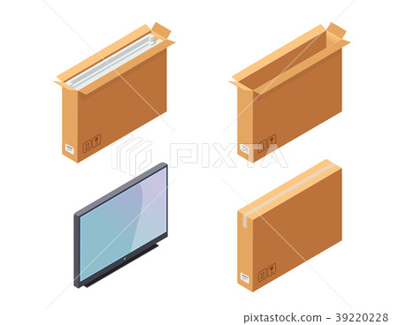 Wide carton box. Plasma tv and package. Isometric Wide carton box. Plasma tv and package. Isometric 39220228