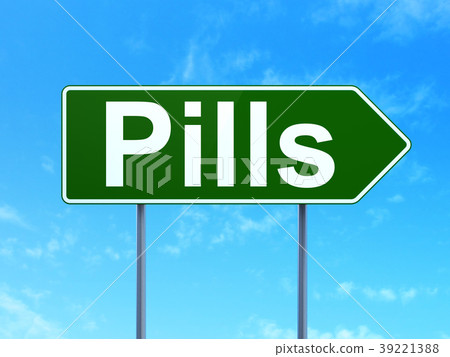 Healthcare concept: Pills on road sign background Healthcare concept: Pills on road sign background 39221388