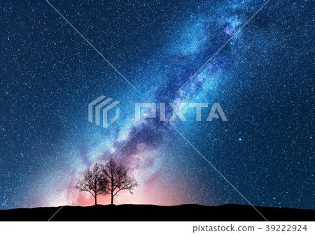 Trees against starry sky with Milky Way. Space Trees against starry sky with Milky Way. Space 39222924