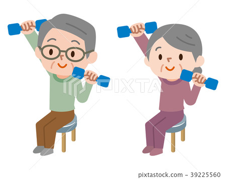 Senior couple sitting and doing dumbbell exercises 39225560