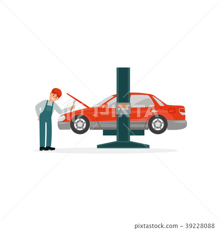 Auto mechanic repairing red car lifted on auto Auto mechanic repairing red car lifted on auto 39228088