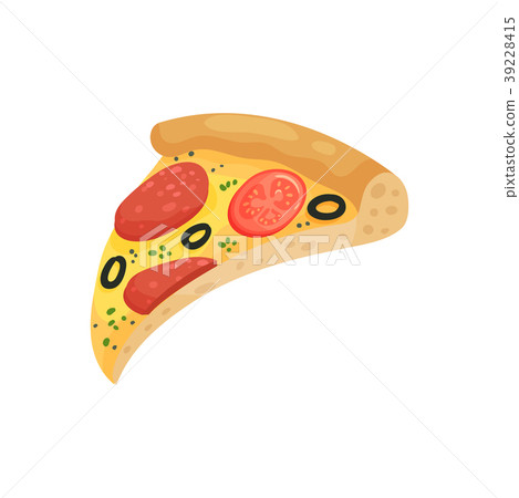 Slice of appetizing pizza with sausage, tomatoes 39228415