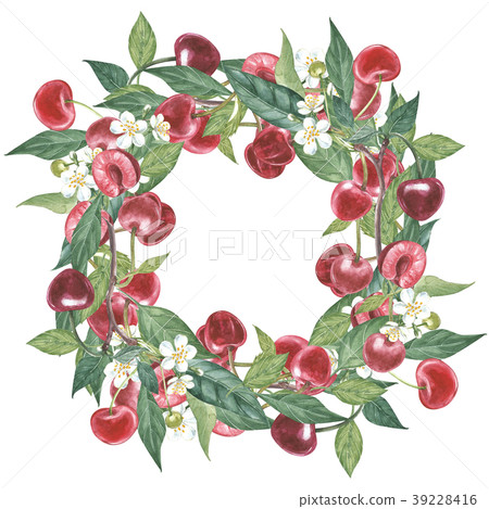 Hand-drawn watercolor wreath of flowers of cherry 39228416