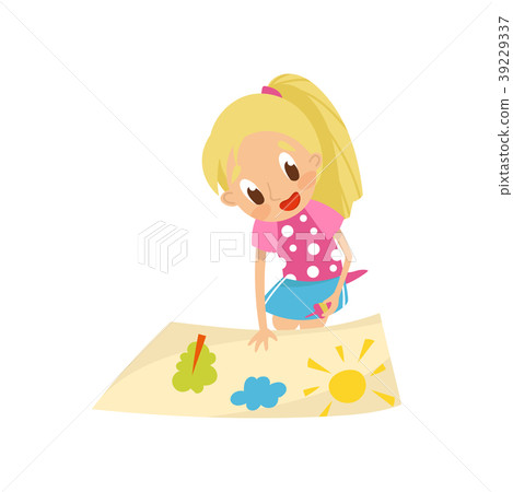 Lovely blonde little girl making paper application 39229337