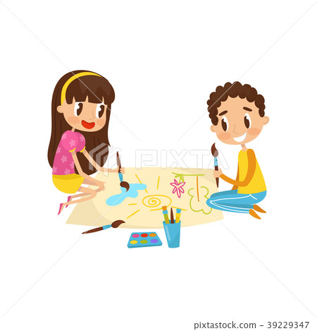 Cute little kids sitting on the floor and drawing Cute little kids sitting on the floor and drawing 39229347