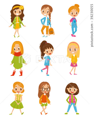Cute cartoon girls in fashionable clothes set Cute cartoon girls in fashionable clothes set 39230055